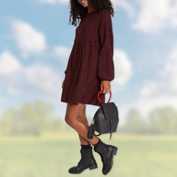 NWT Burgundy & Black Plaid Flannel Baby Doll Dress - Womens Juniors Size XS - Picture 2 of 4